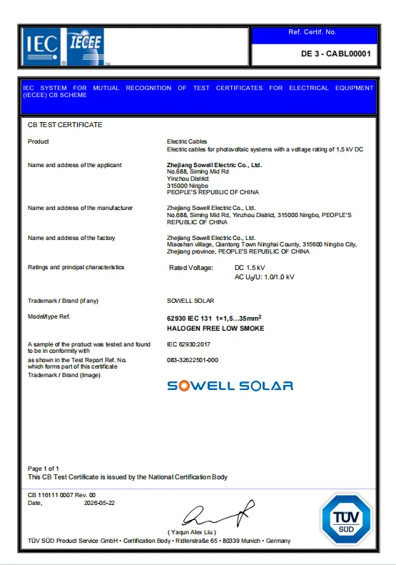 Cáp quang điện SOWELLSOLAR nhận được chứng nhận TÜV SÜD IECEE-CB